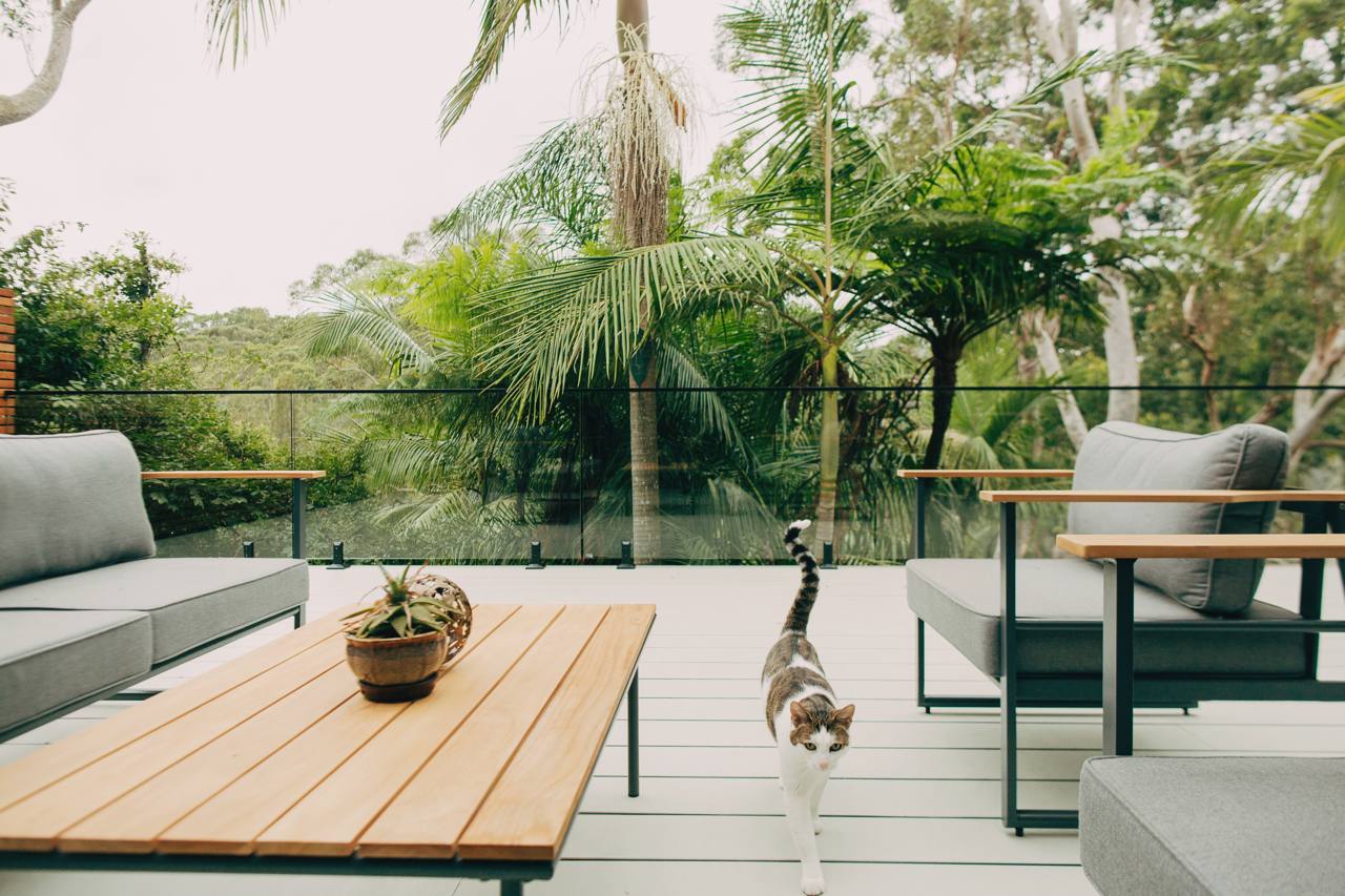 Outdoor dining area on the Chatswood deck with a treehouse-like leafy outlook